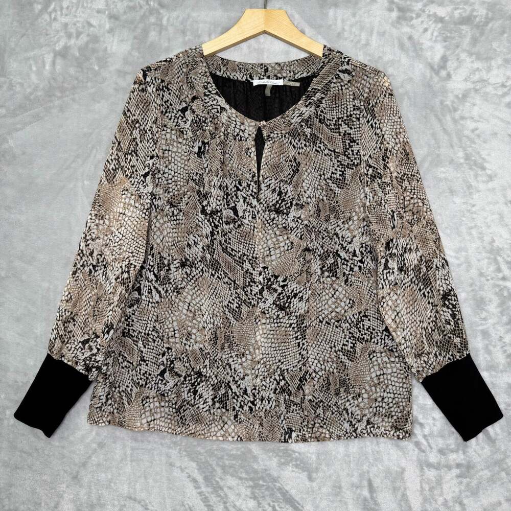 Calvin Klein Top Womens Large Brown Reptile Python Print Keyhole Lined Career